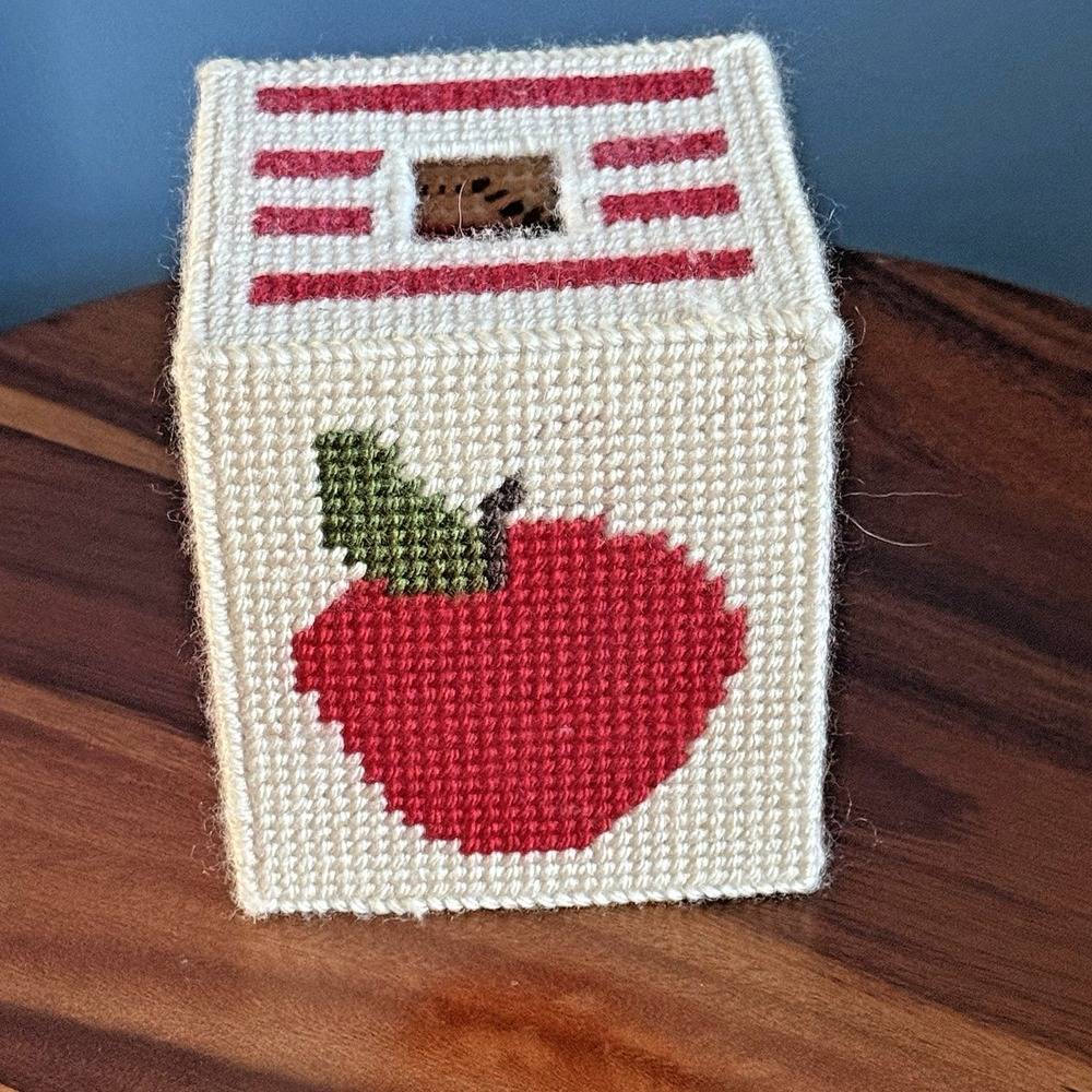 Handmade Vintage Needlepoint Plastic Canvas Tissue‎ Box Cover - Apple Teacher